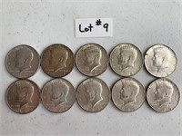 10 Kennedy 40 percent Silver Half Dollars