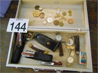 Lot of Knives Watches and Foreign Coins