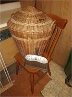 wooden chair , basket and vintage dust pan