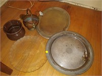 lot of trays , copperpot and pottery pot