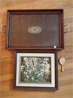 wooden tray, artwork and small vintage mirror