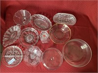 11 pieces of clear glassware: 6 candy dishes, 2