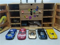wooden box, slot cars, track, book and misc items