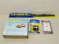 misc box lot; small engine piston ring, wippers,