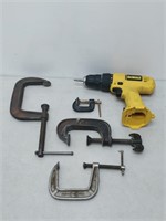 dewalt drill and 3 c clamps- assorted sizes