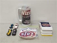 Winston mug, stickers, card holders and toy cars,