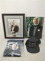 Kenny rogers hat, shirt, picture in frame and book