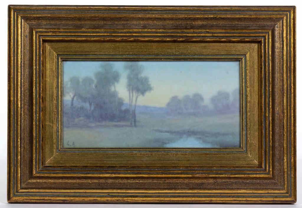 Rookwood scenic vellum plaque by Leonore Asbury (1866-1933), in original frame with typed label verso giving title as "The Pool"