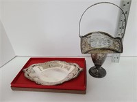 Silver Plate Roses Tray & Silver Flower Vase