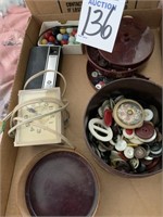 Very old buttons some marbles and sewing items