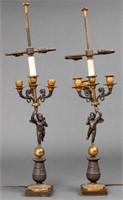 French Bronze Cherub Candelabra / Table Lamps, Pr