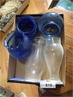 (2) Glass Lamp Globes & (3) Blue Glass Bowls