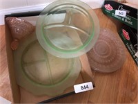 Pink Glass Plates & (2) Green Glass Divided Plates
