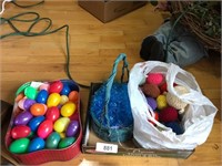 Tin w/ Plastic Eggs, Knitted Egg Covers & Basket