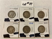 1939, 1941, 1941 D, 1942, 1943, 1944 Mercury Dimes