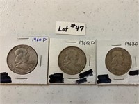 1960 D, 1962 D, 1963 D Franklin Half Dollars