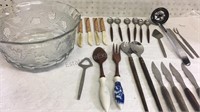Large Glass Serving Bowl, Steak Knives and