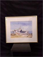 BOAT AND BEACH SCENE WATERCOLOUR PAINTING CREATED