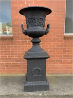 LARGE CAST IRON URN ON STAND - 195CM X 63CM