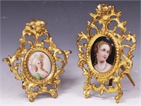 FRENCH PAINTINGS ON PORCELAIN, GESSO FRAMES, (2)