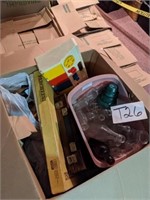 Box of toys, glass items, game