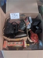 Box of vintage camera equipment and more