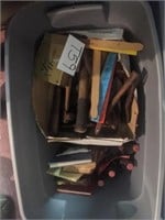 Large bin of old wooden tools, etc.