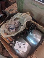 Box with pressure cooker, collectibles, etc.