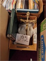 Brass colored crucifix, box of Wade collectibles