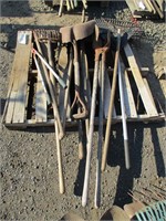 Pallet of Rakes, Shovels, Post Digger, Lopper