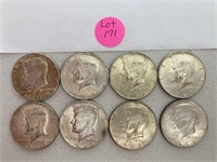 (8) Kennedy 40percent Silver Half Dollars 1965-196