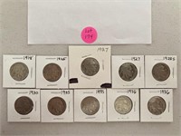 (10) Buffalo Nickels 1918-1936