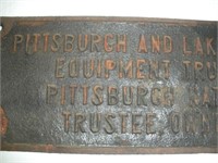 Cast Iron Pittsburgh & Lake Erie Railroad Sign