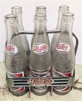 Vtg Pepsi-Cola Bottles & Metal Carrier