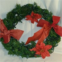 17" Lighted Wreath with Pointsettas and Red bows