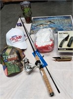 Fishing Pole, Hats, Gloves, Sign, Tumbler & Knives