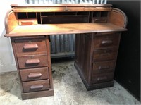 Lebus Double Pedestal Timber Roll Top Desk & Key