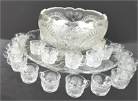Large Glass Punch Bowl With Platter and 24 cups