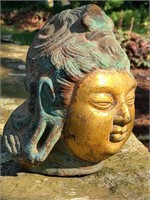 Asian Glit Bronze Buddha Head Figure w/ Patina