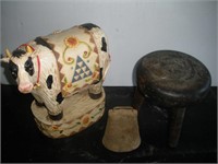Cow Statue, Cow Bell and Milking Stool