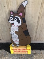 Vintage carnival ride stand . Raccoon saying you