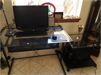 Glass Top Desk, Printer Stand And Computer