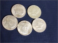 5 90% SILVER Kennedy Half Dollars 1964