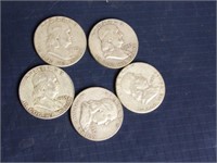 5 90% SILVER Franklin Half Dollars