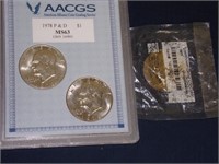3 Uncirculated Eisenhower Dollars - one gold hue