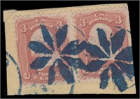 US Stamps #65 Used Pair Fancy Cancels on piece