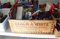 Black & White wood box w/misc. tools