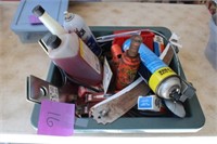 Plastic container w/hinges, spark plugs & misc.