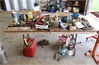 QUANTITY OF TOOLS, PARTS, GAS CAN, CHAINER