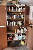 WOODEN CABINET OF OILS, CLEANERS, ETC.